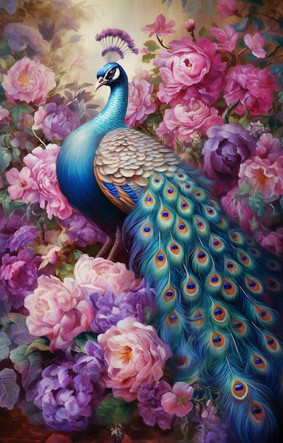 pintura de un pavo real sentado entre las flores en un jardín generativo ai