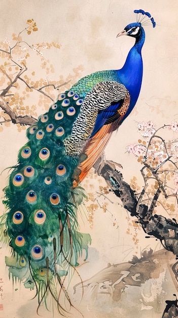 Una pintura de un pavo real sentado en una rama de un árbol