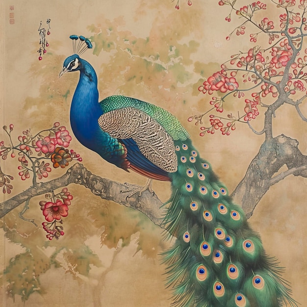 Una pintura de un pavo real sentado en una rama de un árbol