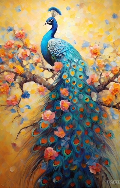 Pintura de un pavo real sentado en una rama con flores generativas ai