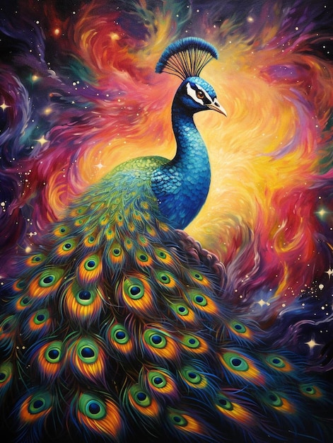 una pintura de pavos reales en el cielo nocturno