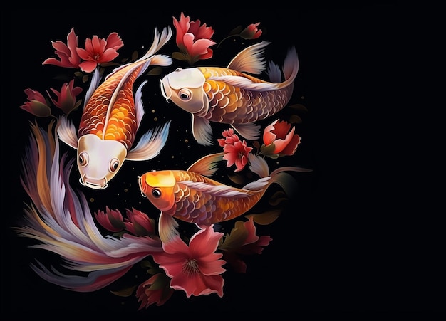 Una pintura de peces koi en un arreglo floral.