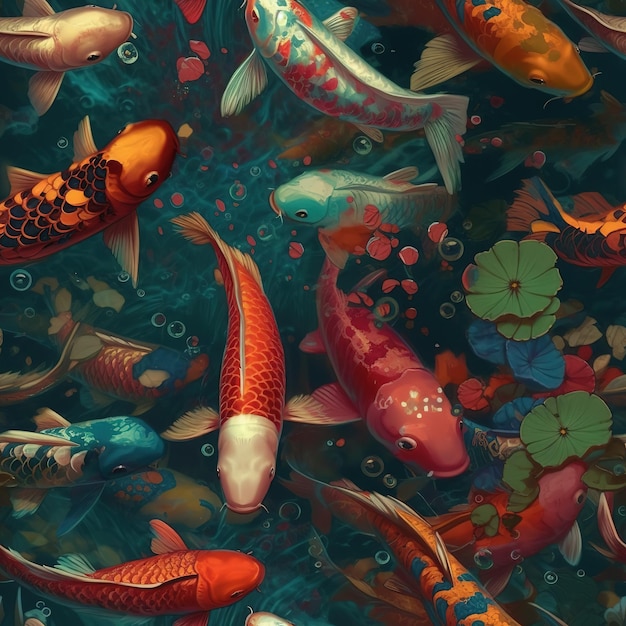 Una pintura de peces koi en un estanque