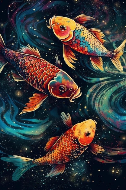 Una pintura de peces koi con un fondo azul.