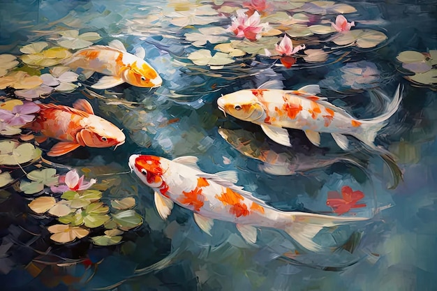 Una pintura de peces koi nadando en un estanque