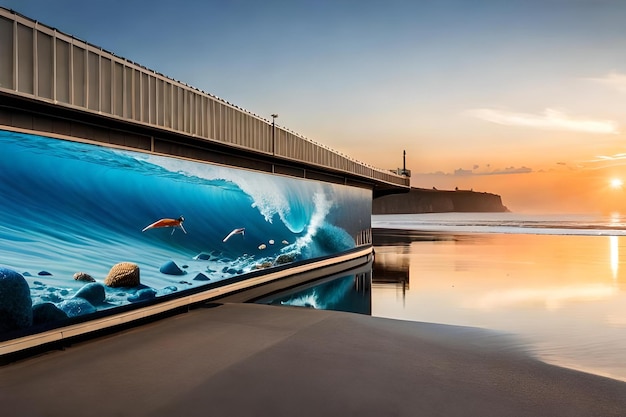 Una pintura de peces nadando en el océano al atardecer.