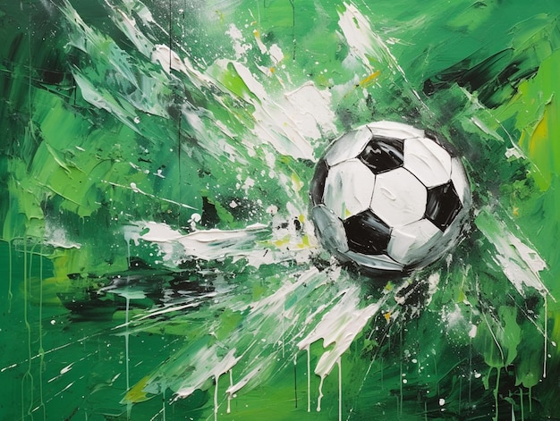 pintura de una pelota de fútbol en un campo verde con una pelota blanca y negra generativa ai
