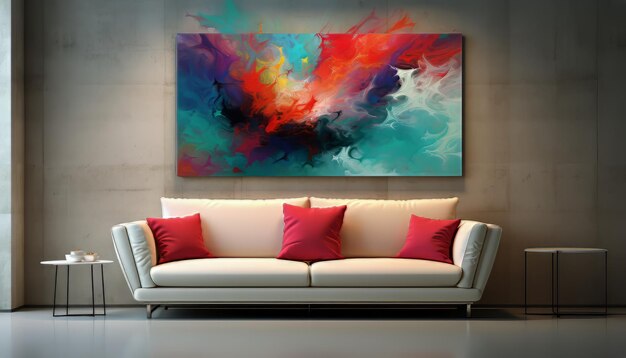 pintura pendurada em uma parede acima de um sofá com um travesseiro vermelho