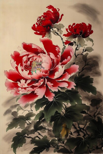 Una pintura de una peonía con flores rojas.