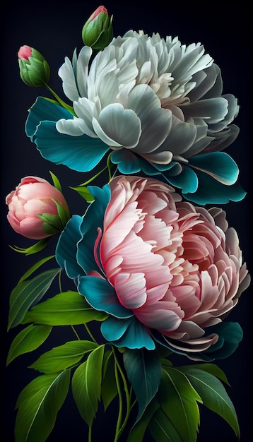 Una pintura de peonías con flores azules, rosas y blancas.