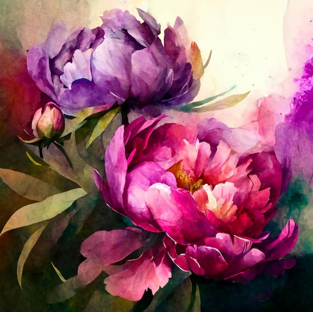 Una pintura de peonías con pétalos morados y rosas.