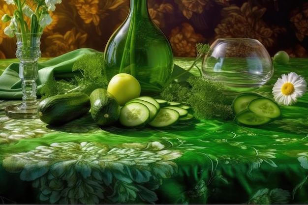 Una pintura de pepinos, pepinos y un vaso sobre un mantel verde.