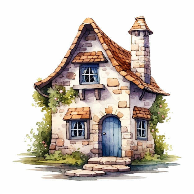una pintura de una pequeña casa con una puerta azul y un techo marrón ai generativo