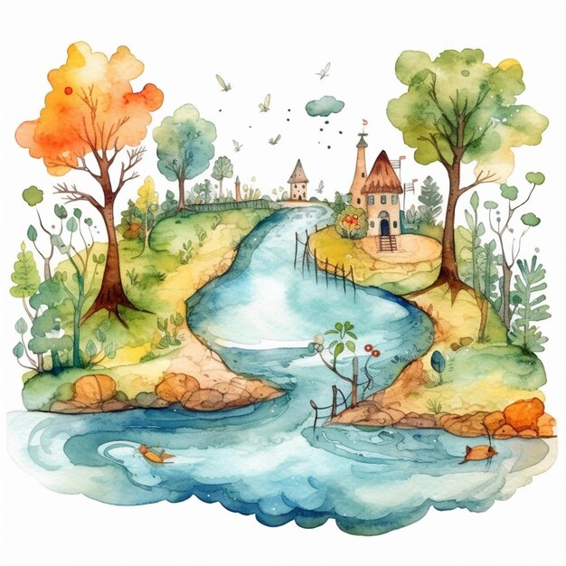 pintura de un pequeño río con una casa y árboles en la orilla ai generativo