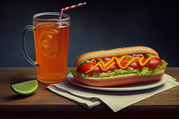 Una pintura de un perrito caliente con ketchup y mostaza.