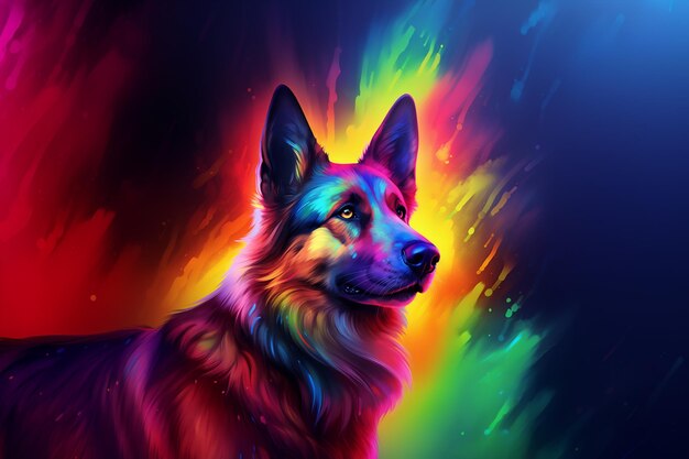 Foto pintura de un perro con un arco iris de fondo generativo ai