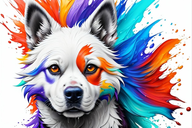 pintura de perro blanco con efecto de salpicadura de pintura en muchos colores