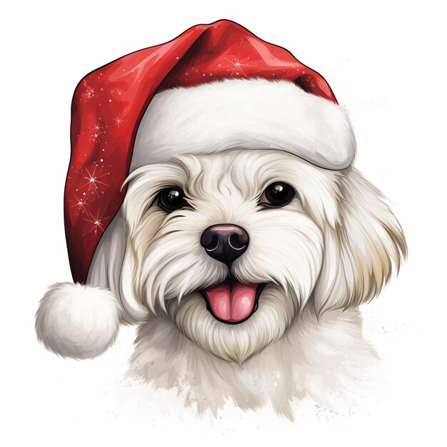 pintura de un perro blanco con un gorro de Papá Noel con la lengua fuera ai generativo