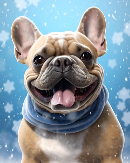 pintura de un perro con una bufanda azul y un copo de nieve generativo ai