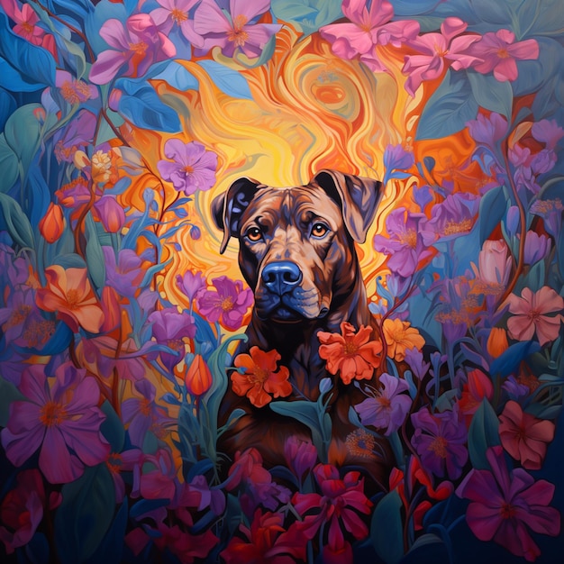 pintura de un perro en un campo de flores con un sol en el fondo generativo ai