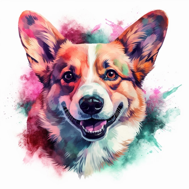 pintura de un perro con una cara colorida y un fondo blanco generativo ai