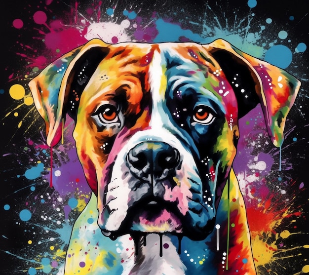 Una pintura de un perro con una cara multicolor.