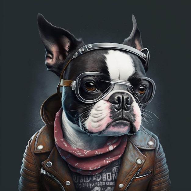 Pintura de un perro con chaqueta de cuero y gafas generativas ai