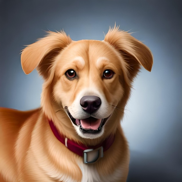 Una pintura de un perro con un collar rojo y un collar rojo.
