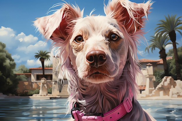 Pintura de un perro con collar rosa y collar alrededor del cuello ai generativo