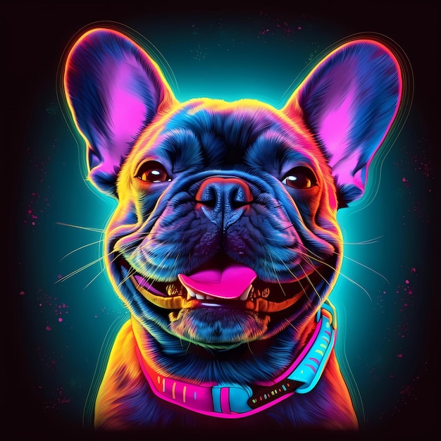 Una pintura de un perro con un collar rosa que dice "bulldog francés"