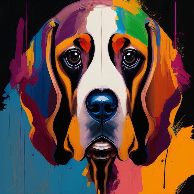 Una pintura de un perro con los colores del arco iris.