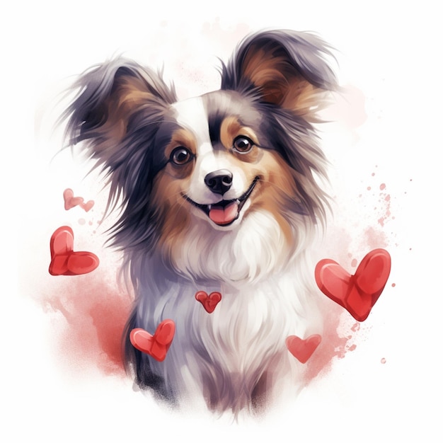 Pintura de un perro con corazones a su alrededor ai generativo.