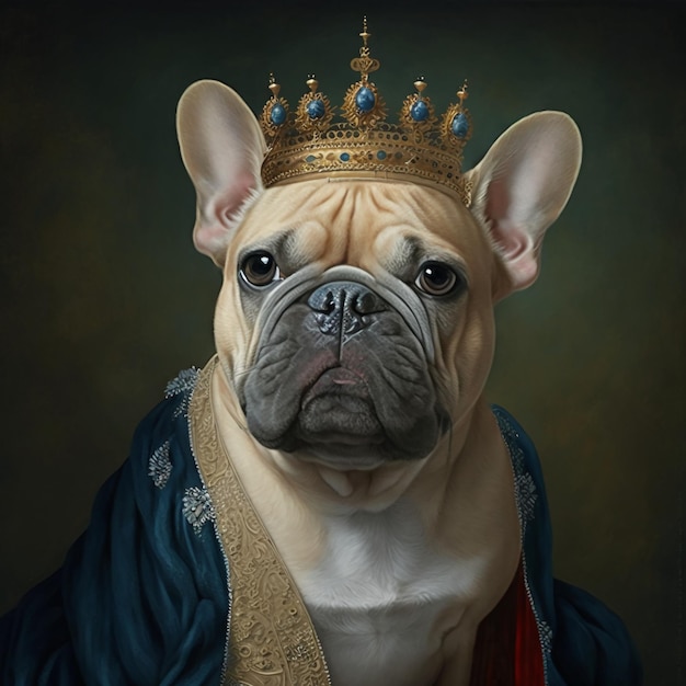 Una pintura de un perro con una corona.