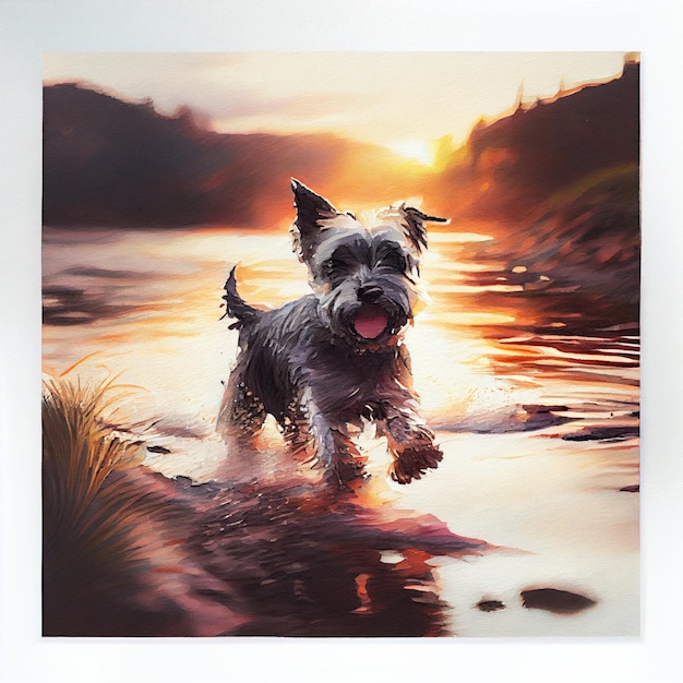 Una pintura de un perro corriendo en el agua con el sol brillando sobre él.