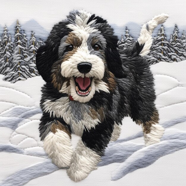 pintura de un perro corriendo en la nieve con árboles en el fondo generativo ai