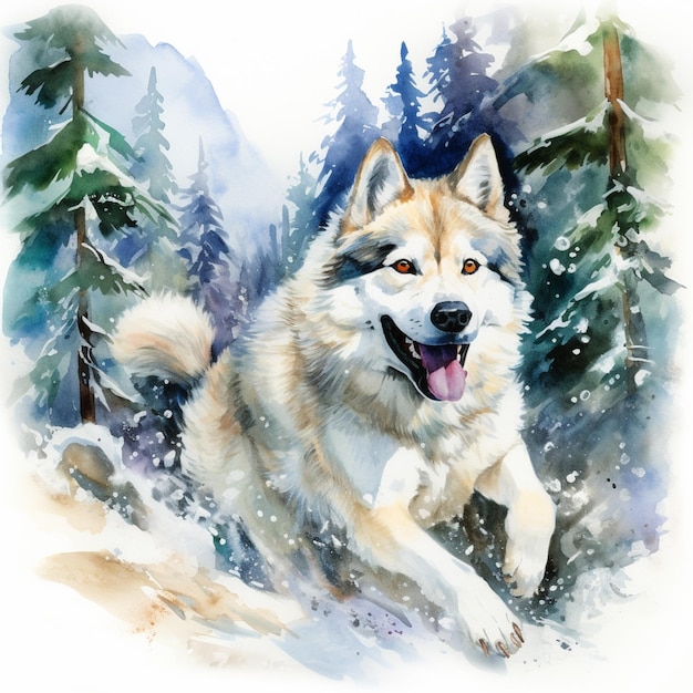 pintura de un perro corriendo en la nieve con árboles en el fondo generativo ai