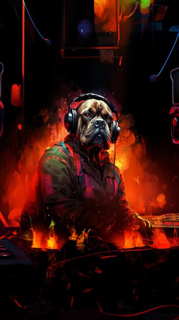 pintura de un perro DJ en un pozo de fuego con auriculares generativo ai