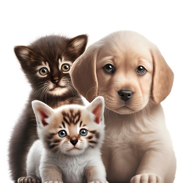 Una pintura de un perro y dos gatitos.