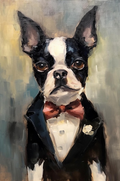 Pintura de un perro con un esmoquin y una corbata de papagaio