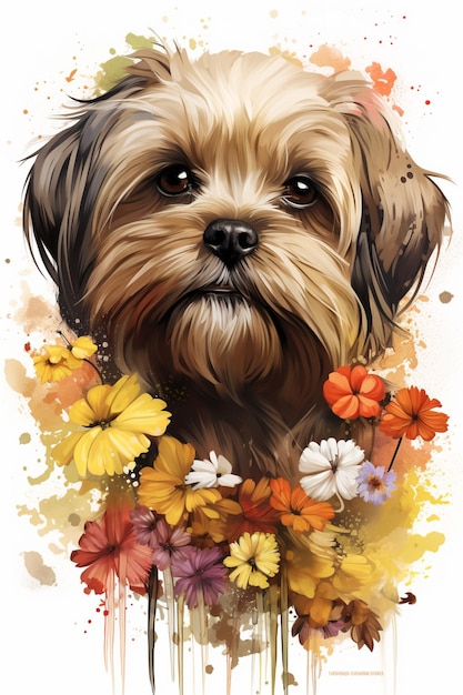 pintura de un perro con flores en el fondo generativo ai