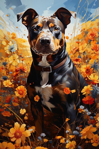 Foto una pintura de un perro con flores en el fondo