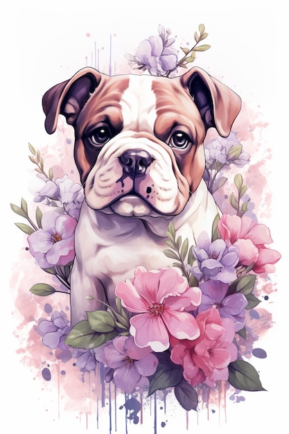 pintura de un perro con flores y hojas en un fondo blanco generativo ai