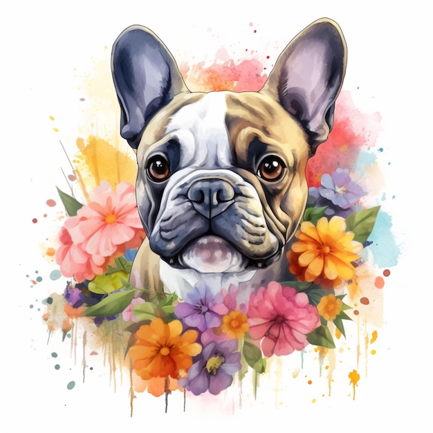 Pintura de un perro con flores y hojas sobre un fondo blanco ai generativo