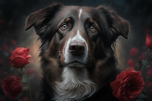 Una pintura de un perro con flores.