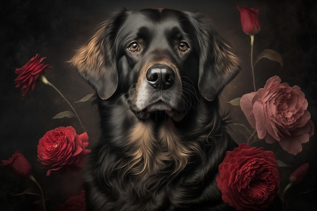 Una pintura de un perro con flores.