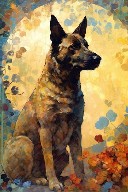 Una pintura de un perro con un fondo amarillo y las palabras pastor alemán en él.