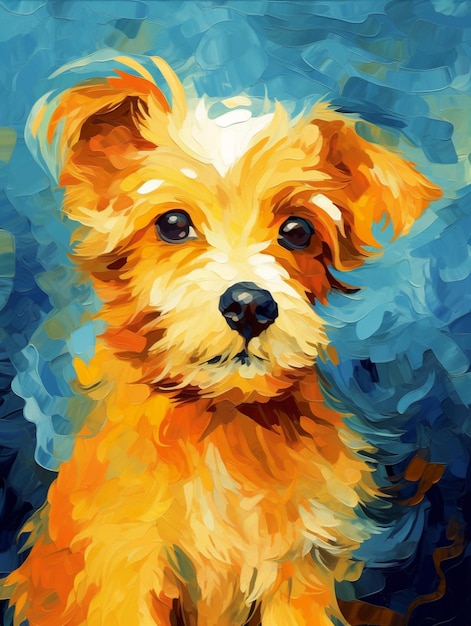 Una pintura de un perro con un fondo azul.