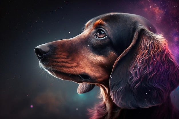 pintura de un perro con un fondo espacial ai generativo