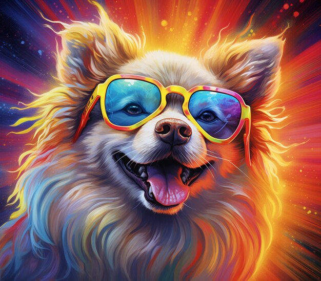 Foto pintura de un perro con gafas de sol y un estallido de estrellas de fondo generativo ai