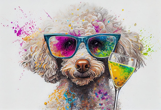 pintura de un perro con gafas de sol y un vaso de vino generativo ai